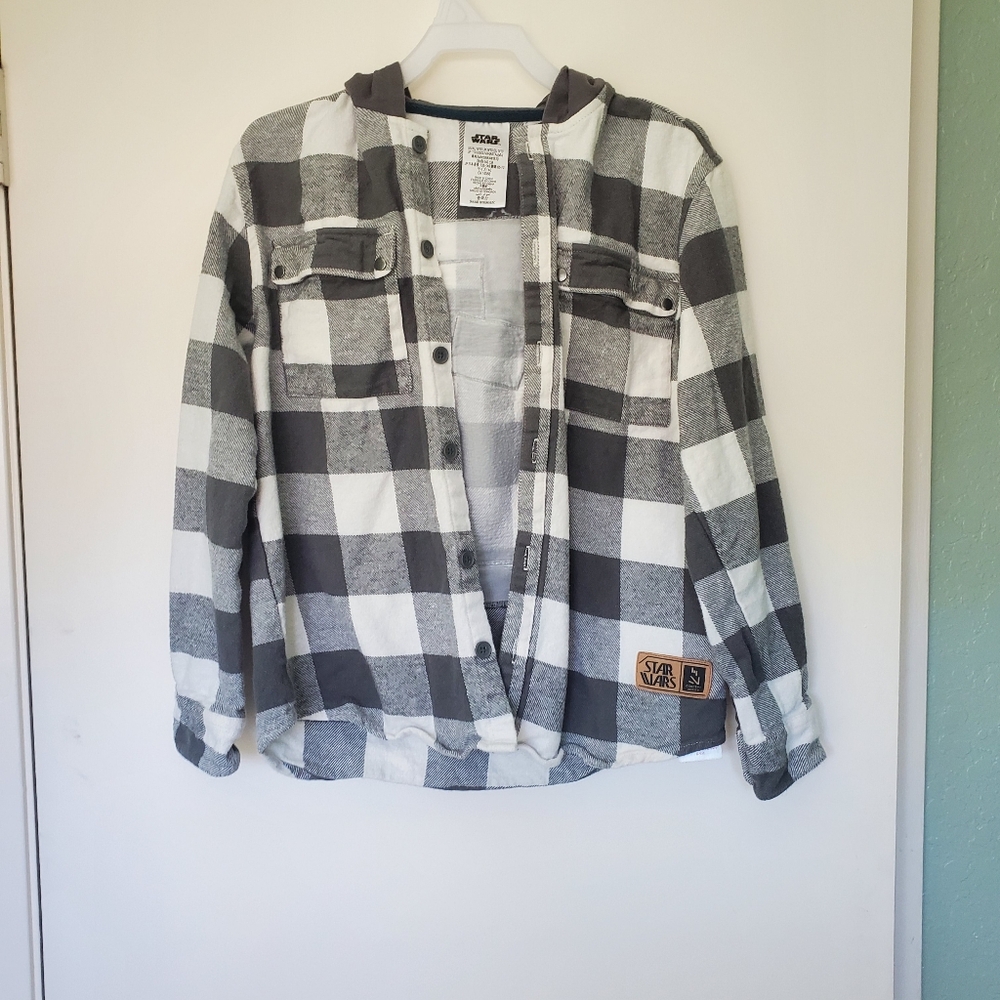 Star Wars Concept Series Boys Black Plaid Hooded Button Down Shirt Sz 9/10 Mando